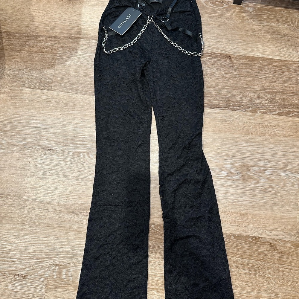 Black Lace Flared Pants with Chain Detail